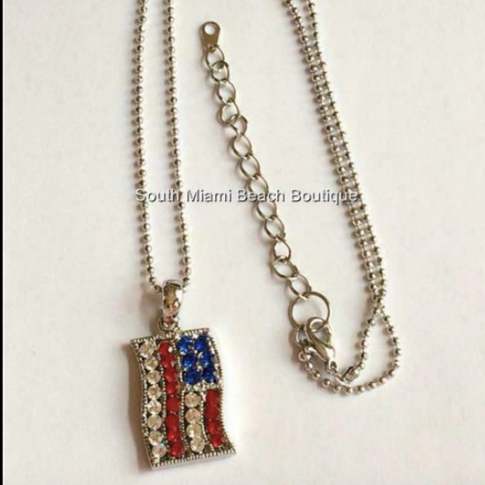 Silver American Flag Necklace Crystal Patriotic - Picture 4 of 8